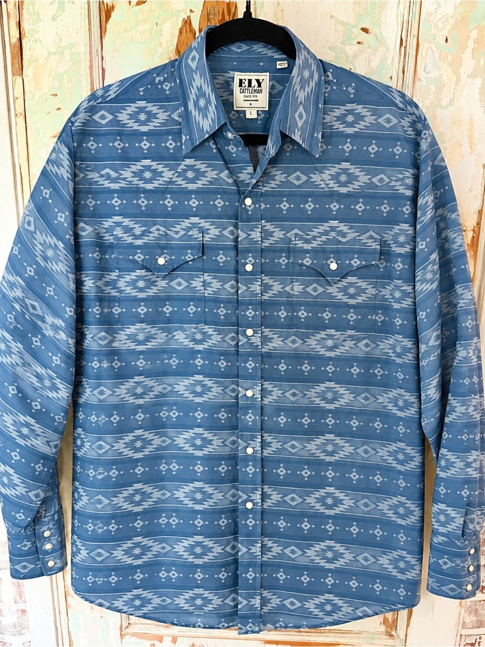 Ely Cattleman Men’s Large Blue Southwestern Pearl Snap Western Shirt